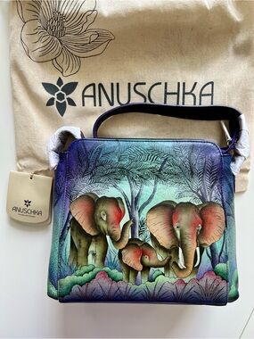 Anuschka Hand Painting Leather Shoulder Bag Elephants of Africa 7530 NWT